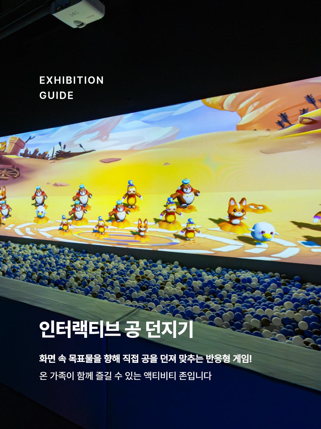 제주 중문 자롤로 뮤지엄 전시관 — 인터랙티브 공 던지기 체험 구간 (발주처 전시 안내 그래픽), 체리디자인 시공