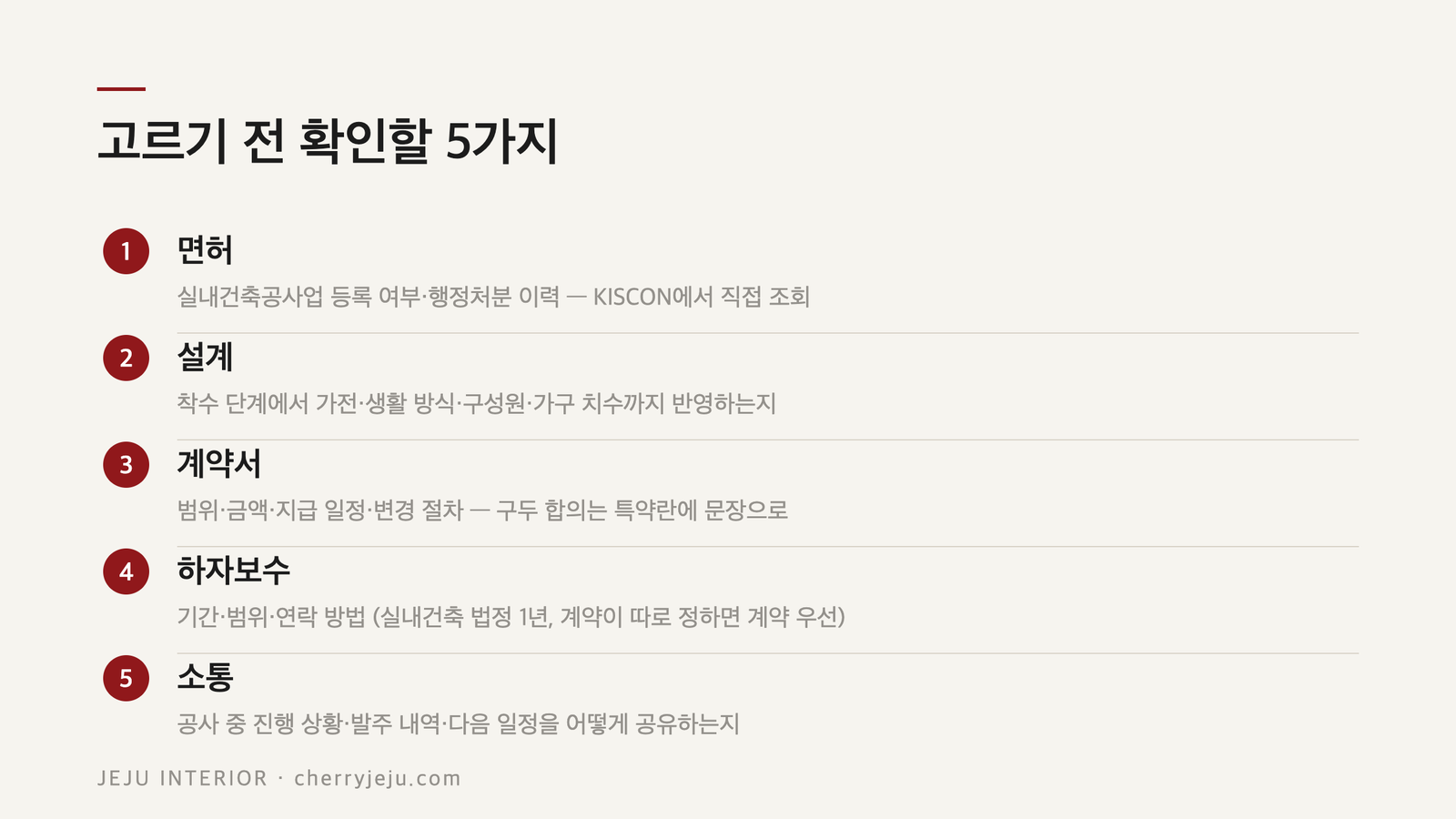 제주 인테리어 업체 고르기 전 확인할 5가지 — 면허·설계·계약서·하자보수·소통 체크리스트, 체리디자인