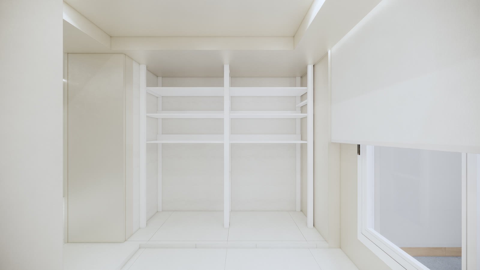제주 아파트 드레스룸 인테리어 3D 시안 — 드레스룸 내부 선반과 붙박이장 수납